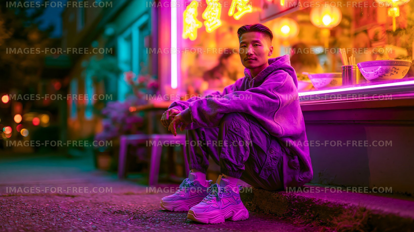 Person sitting on sidewalk near restaurant at night