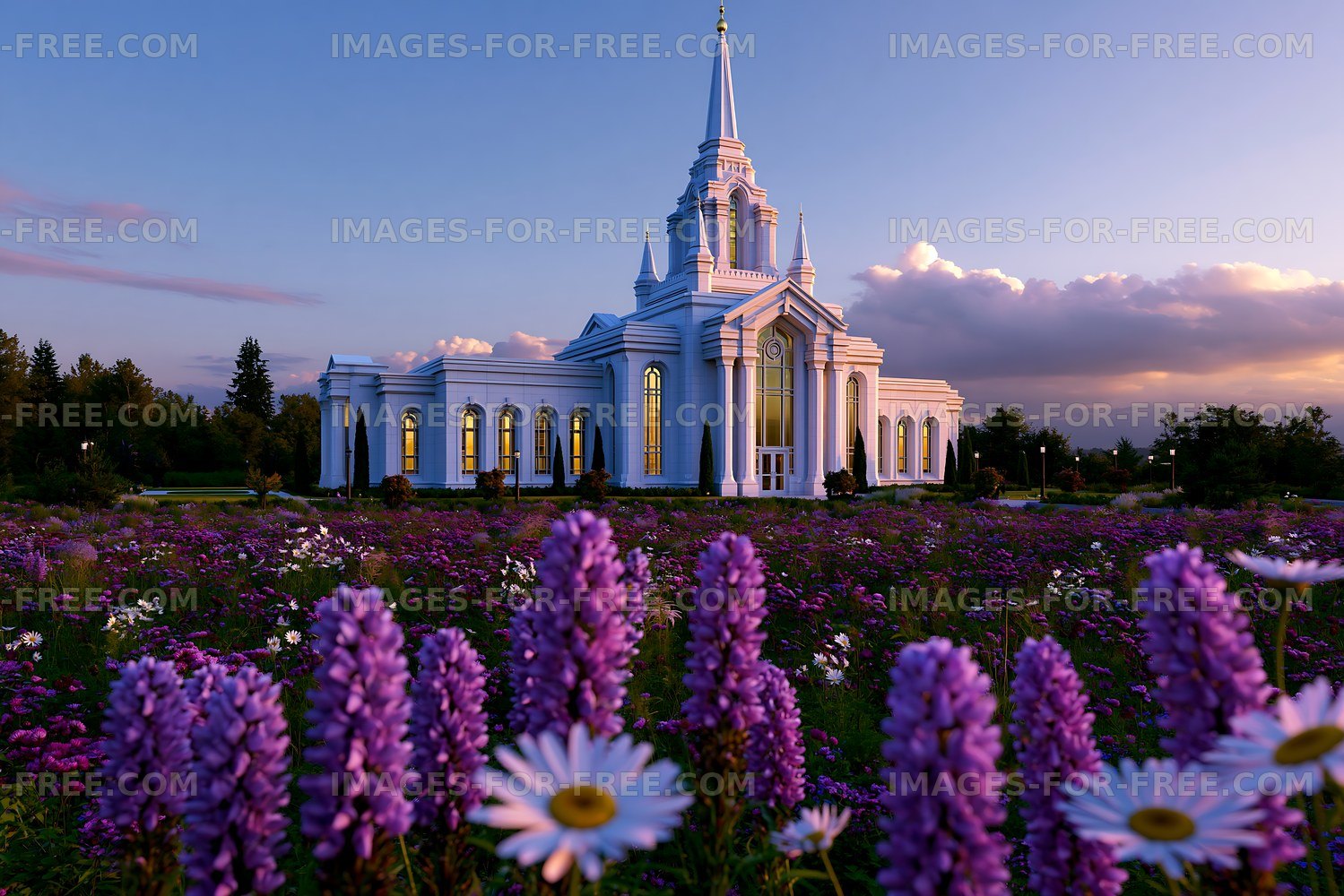 Building with spire surrounded by flowers at sunset