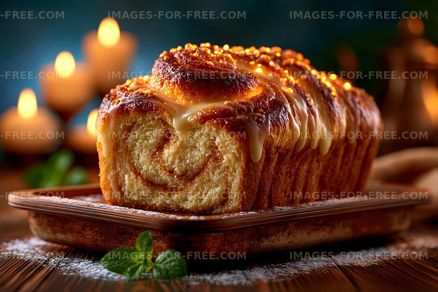 Freshly baked sweet bread on wooden table near candles