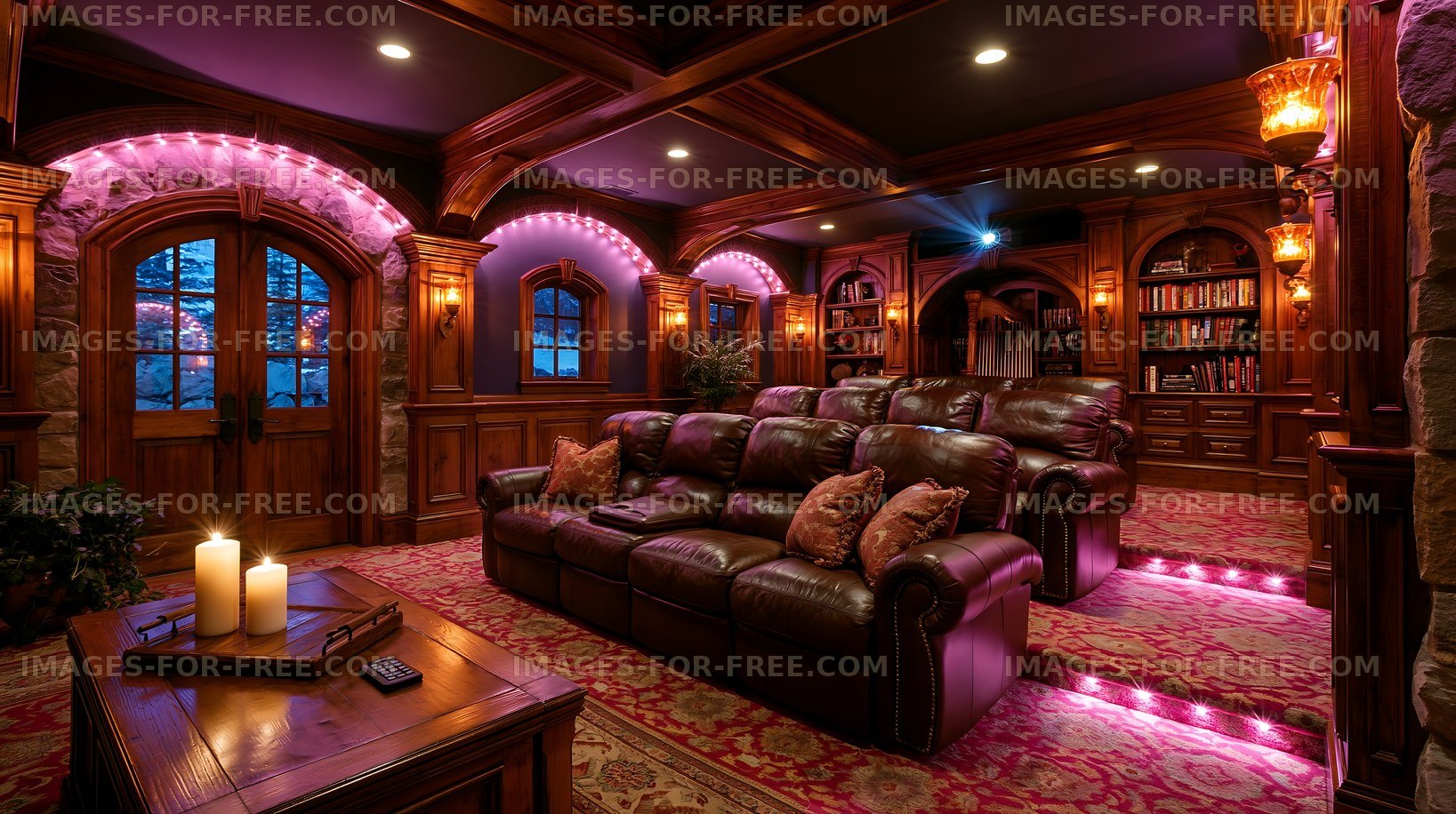 Cozy home theater with leather seating and warm lighting