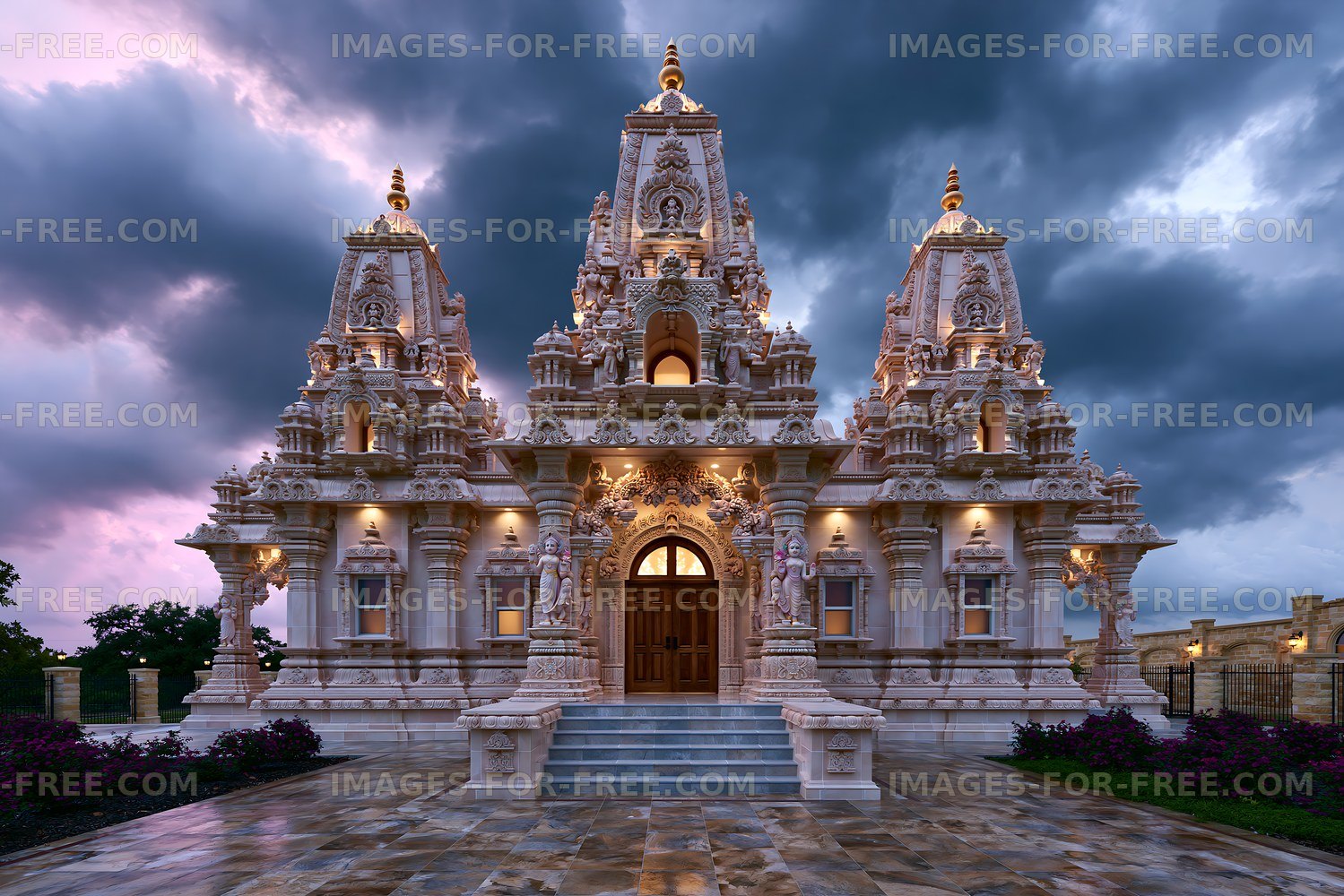 Hindu temple with intricate design during twilight hours