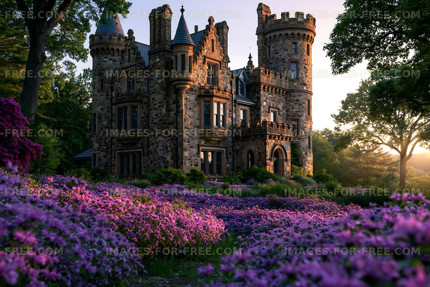 Victorian castle surrounded by purple flowers at sunset