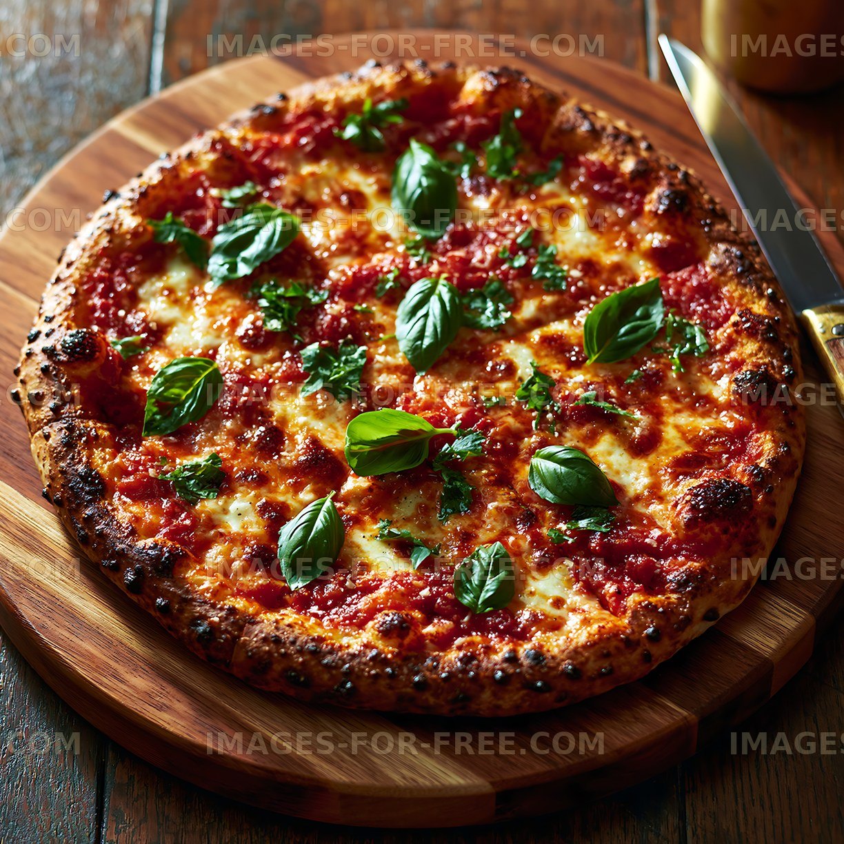Freshly baked pizza with basil on a wooden board