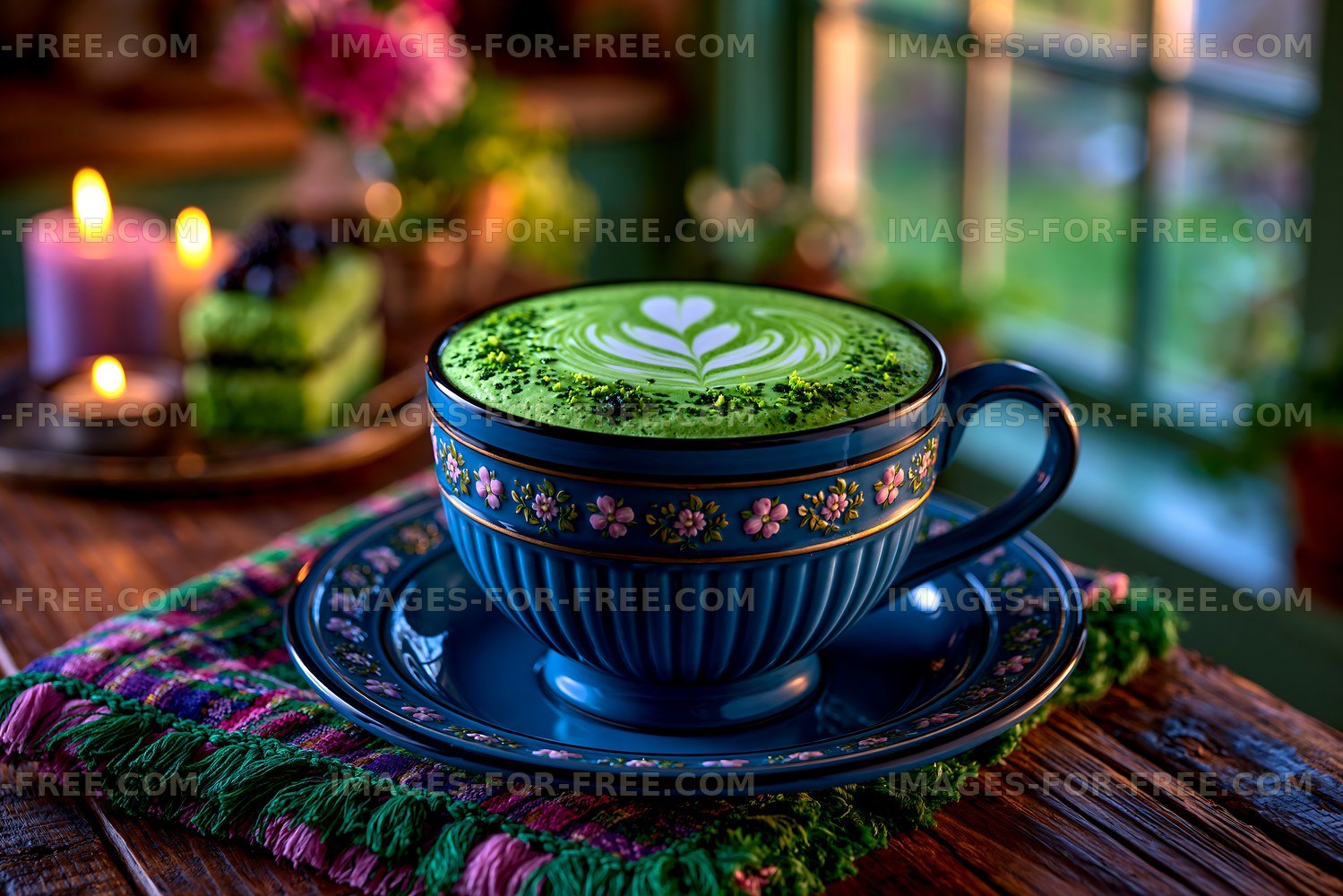 Matcha tea in a decorated cup on a wooden table
