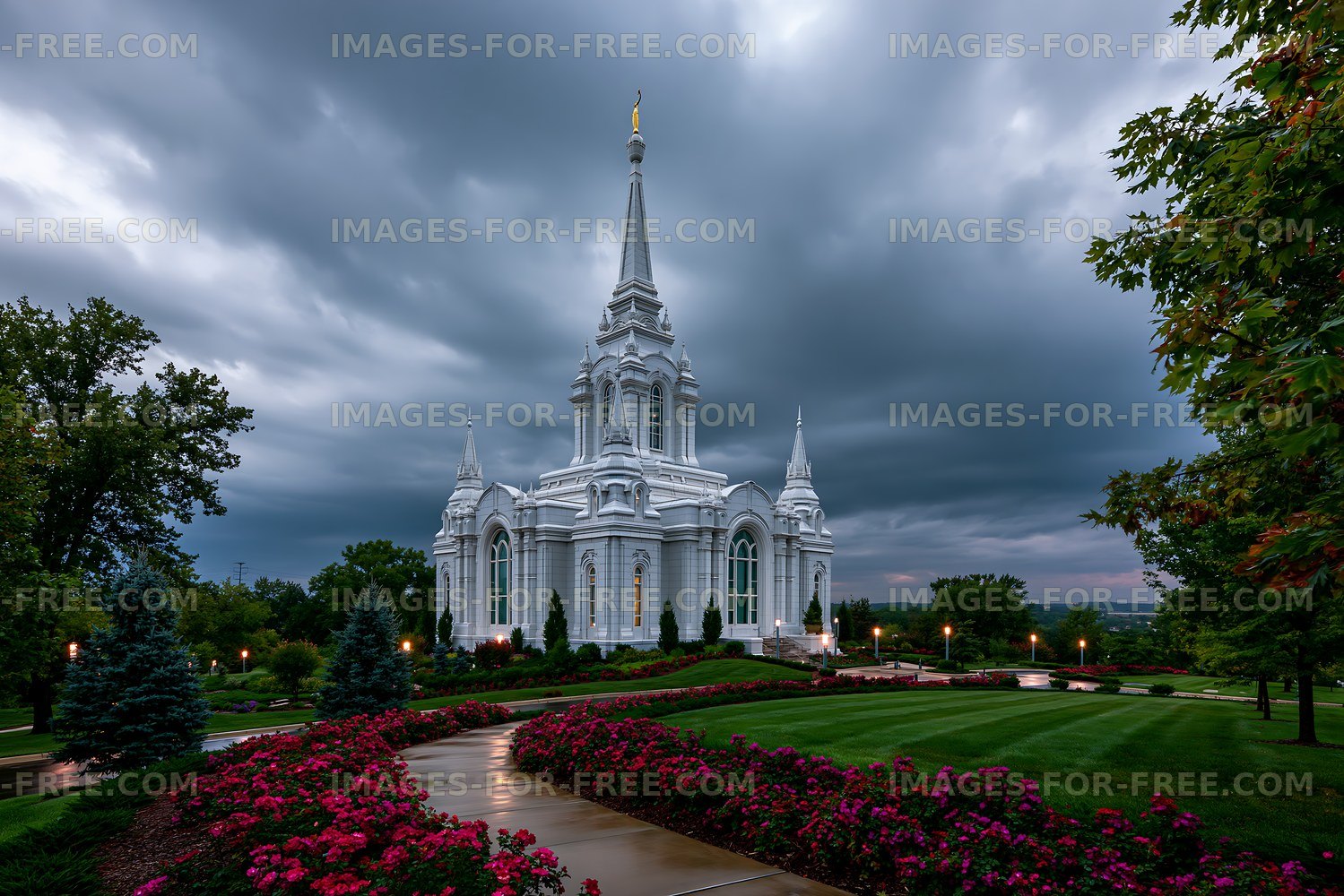Church building under cloudy sky with landscaped garden
