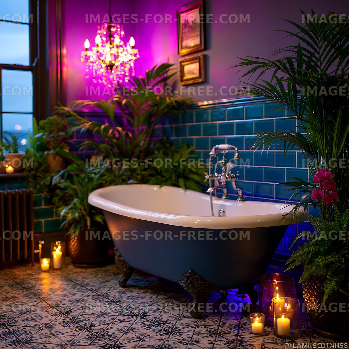 Modern bathtub in decorated bathroom with plants and candles