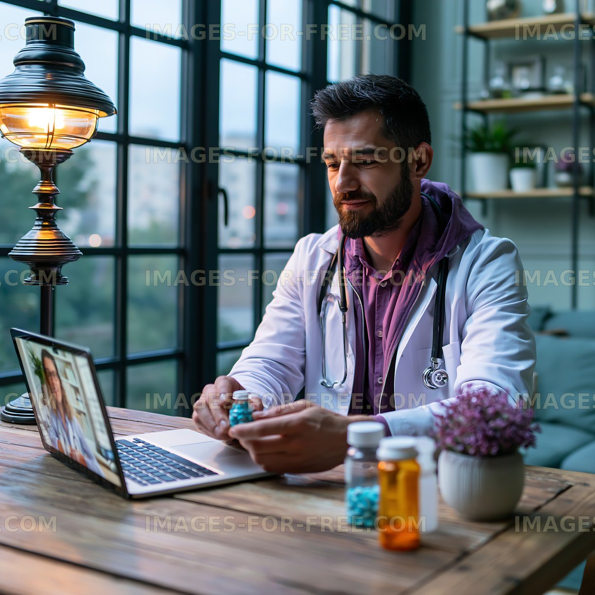 Doctor consulting through laptop at home with medicine bottles