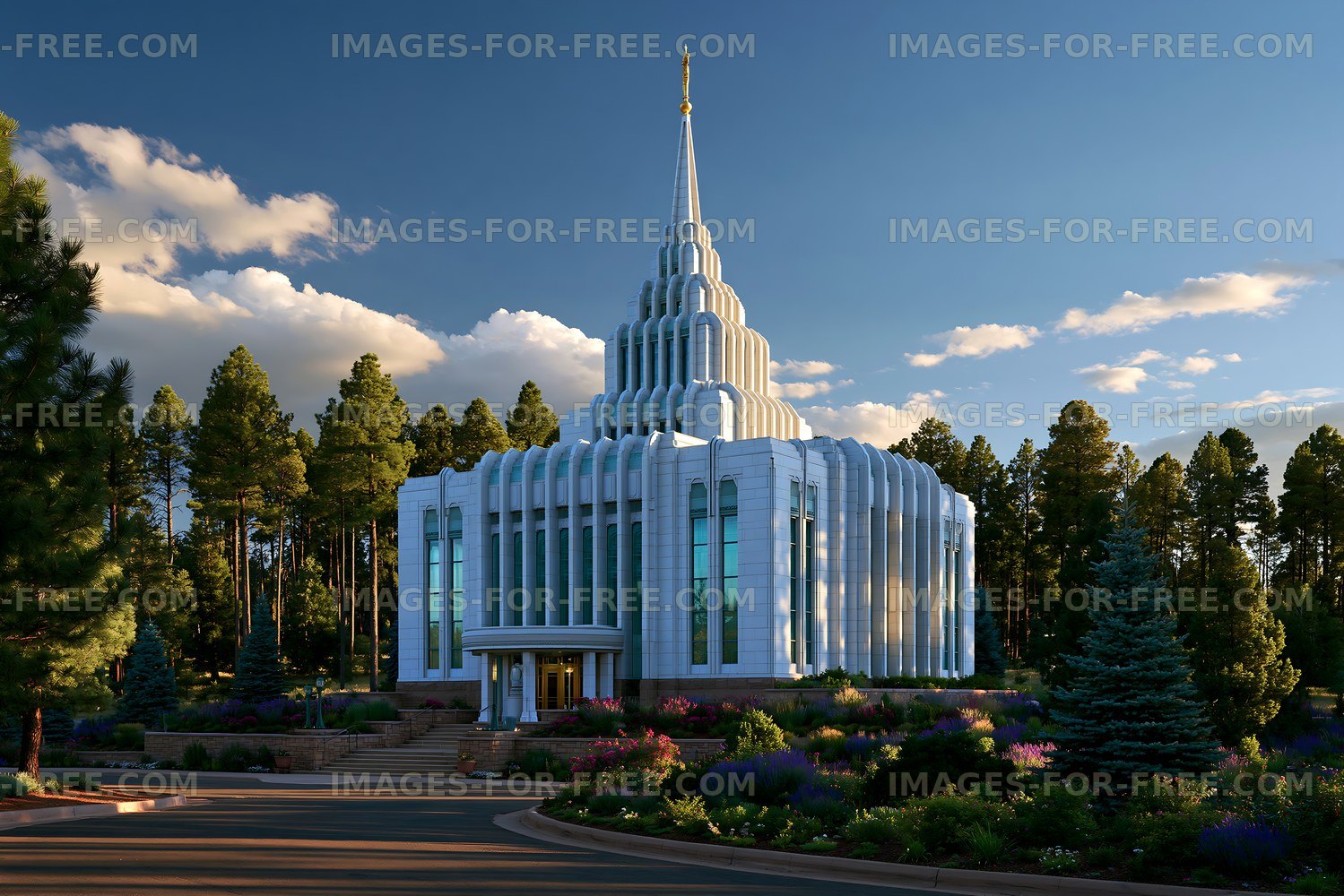 Modern temple building surrounded by trees under blue sky