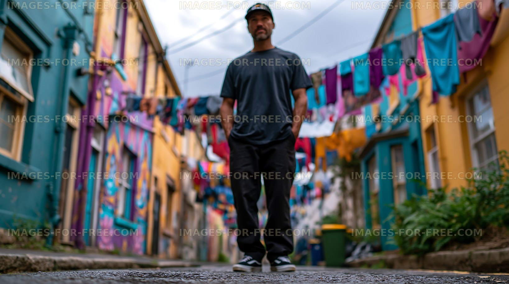 Man stands in a colorful alley with clothes hanging above