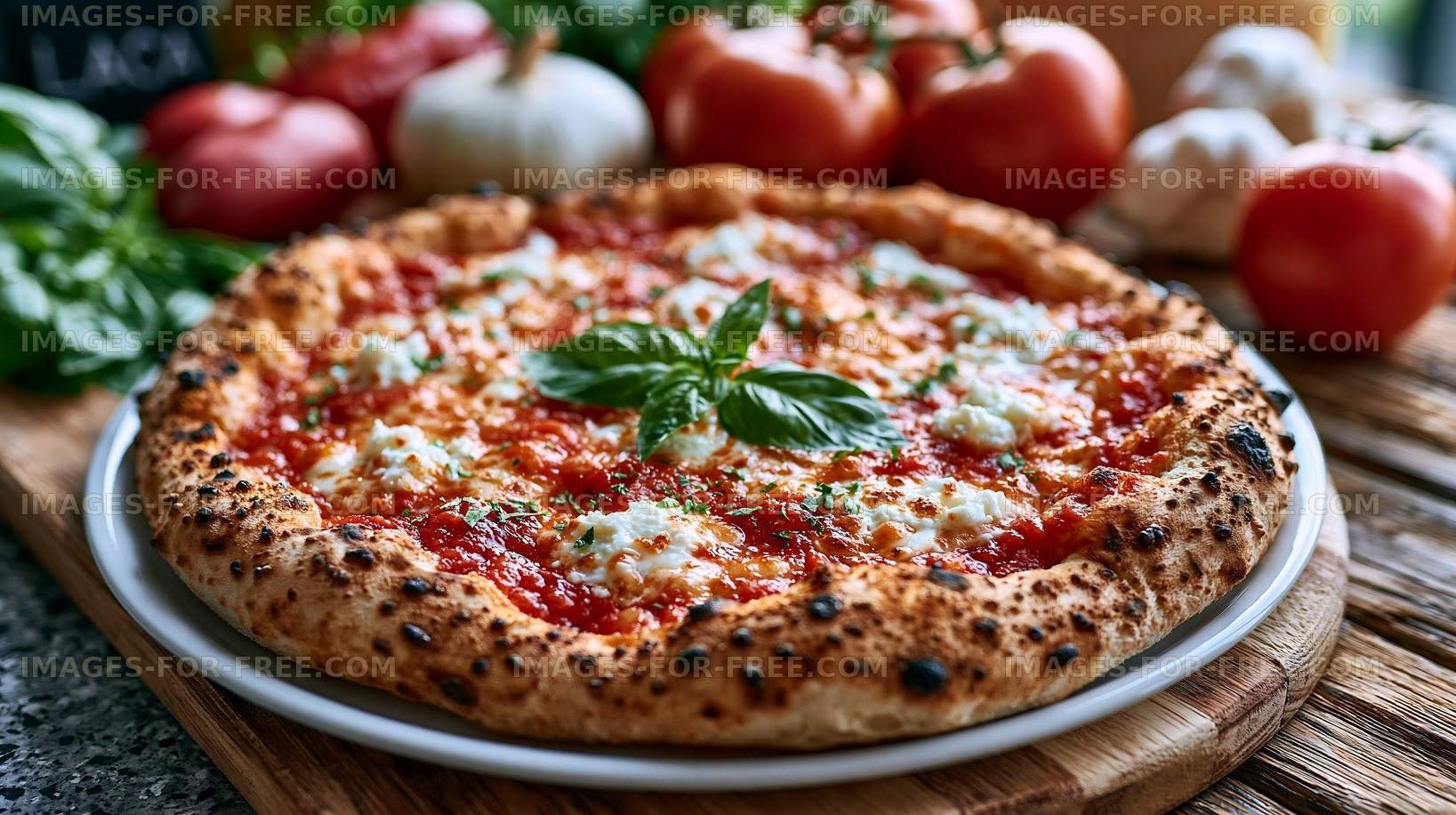 Freshly baked pizza with cheese and basil on a wooden table