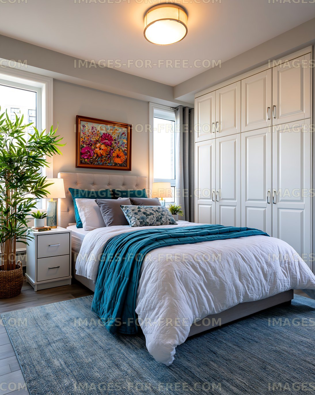 Cozy bedroom with white bed and blue accents in modern design