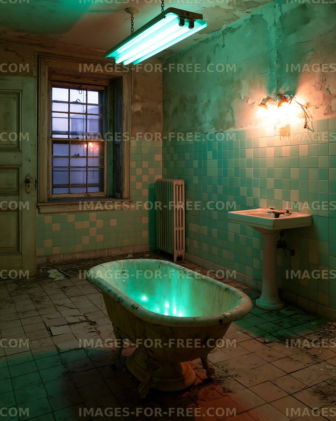 Abandoned bathroom with green light and vintage bathtub