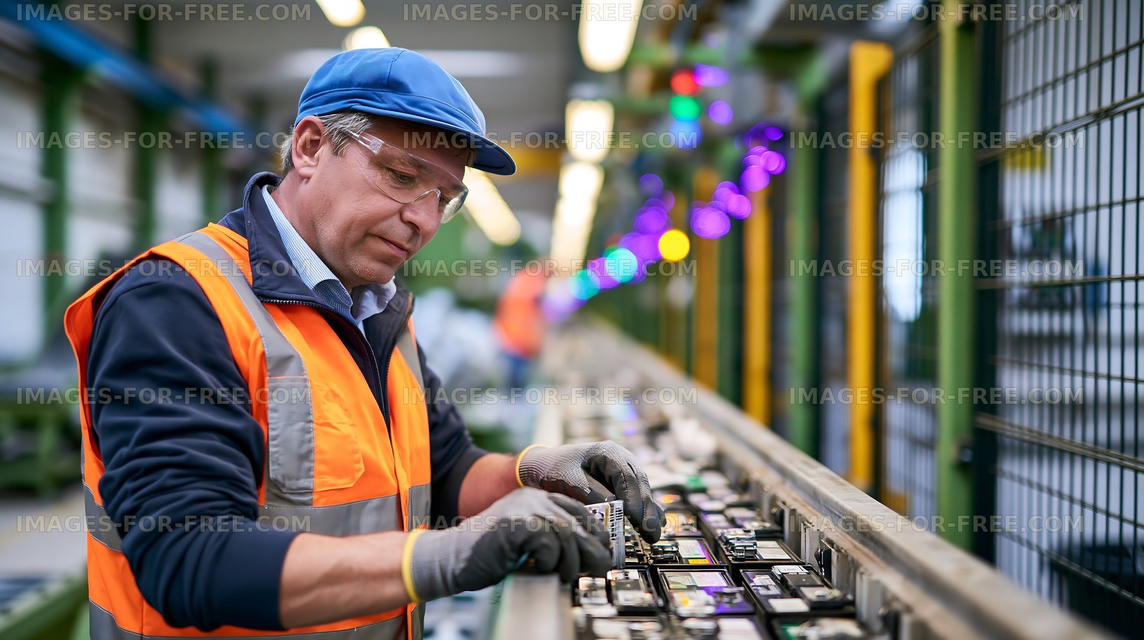 Worker assembling electronic components in a factory setting