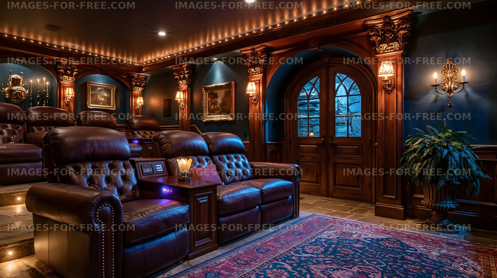 Home theater with comfortable seating and elegant decor
