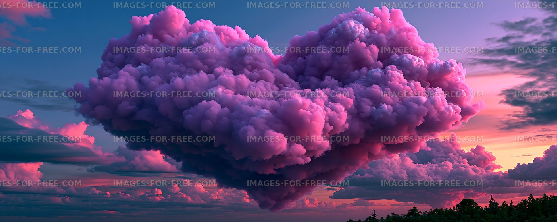 Heart-shaped clouds in the sky at sunset over a forest