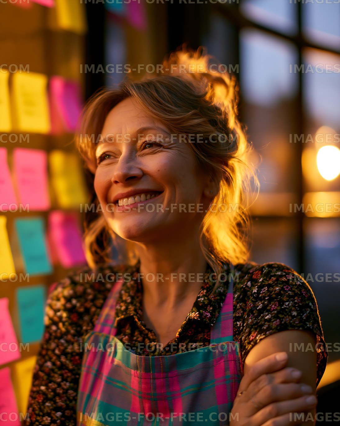 Woman smiling by a wall of colorful sticky notes at sunset