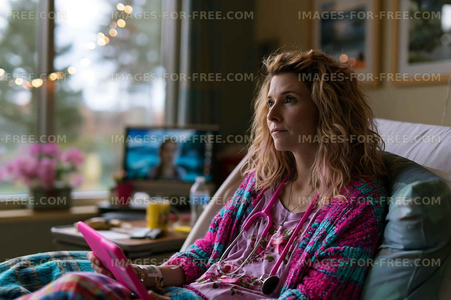Patient sitting on hospital bed looking at tablet