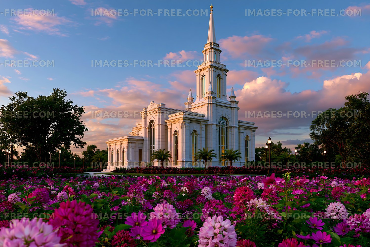 Flower garden in front of church building during sunset