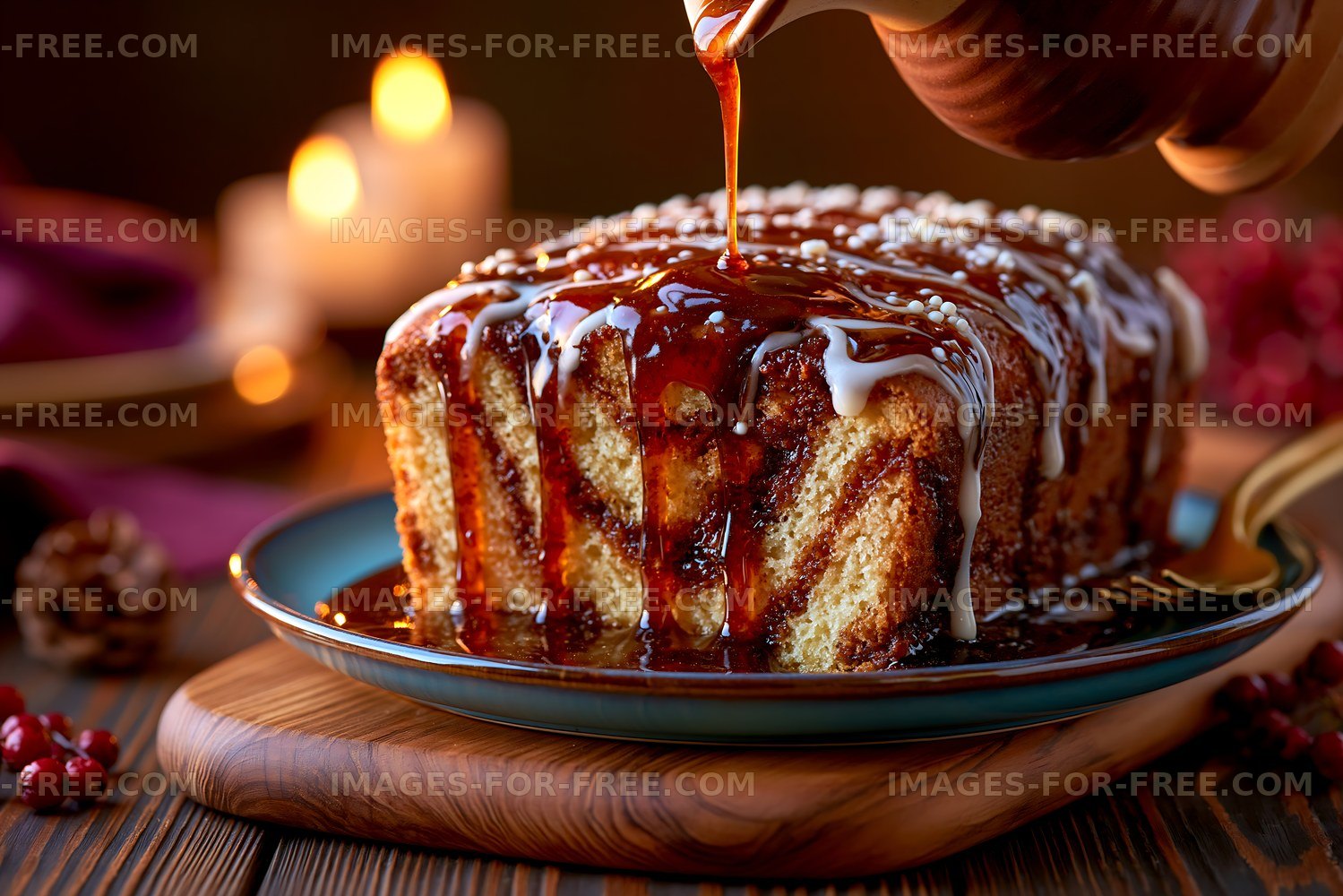 Delicious dessert with syrup poured over a loaf on a wooden board
