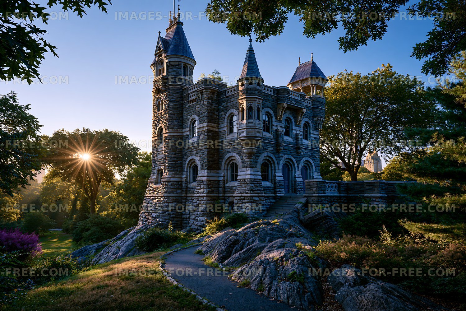 Historic castle with towers and bright sun in a city park