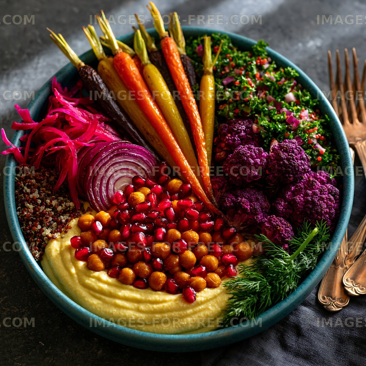 Colorful bowl of healthy salad with various vegetables and dips