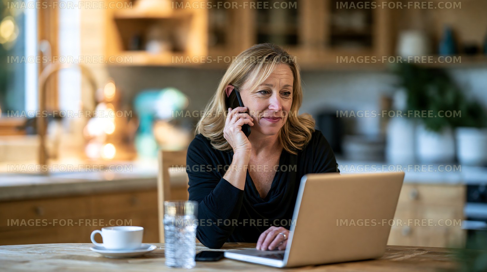 Woman using laptop while talking on phone in kitchen