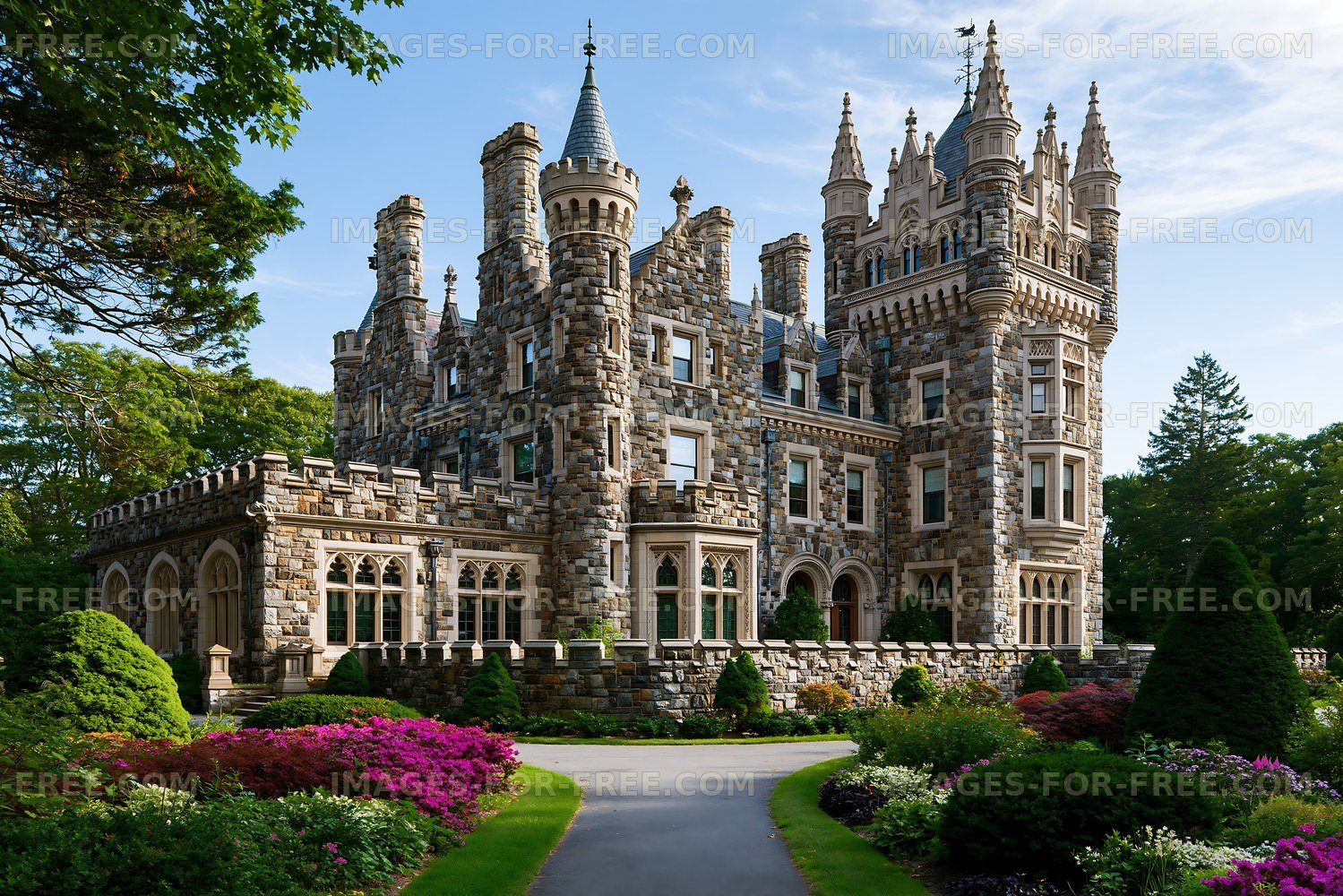 Historic castle surrounded by gardens in a lush landscape