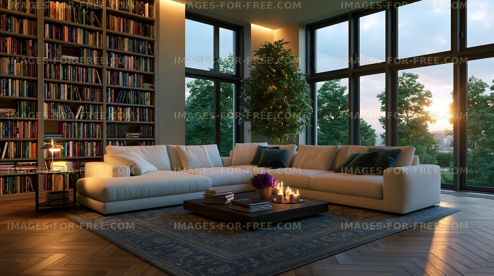 Modern living room with large windows and sunset view