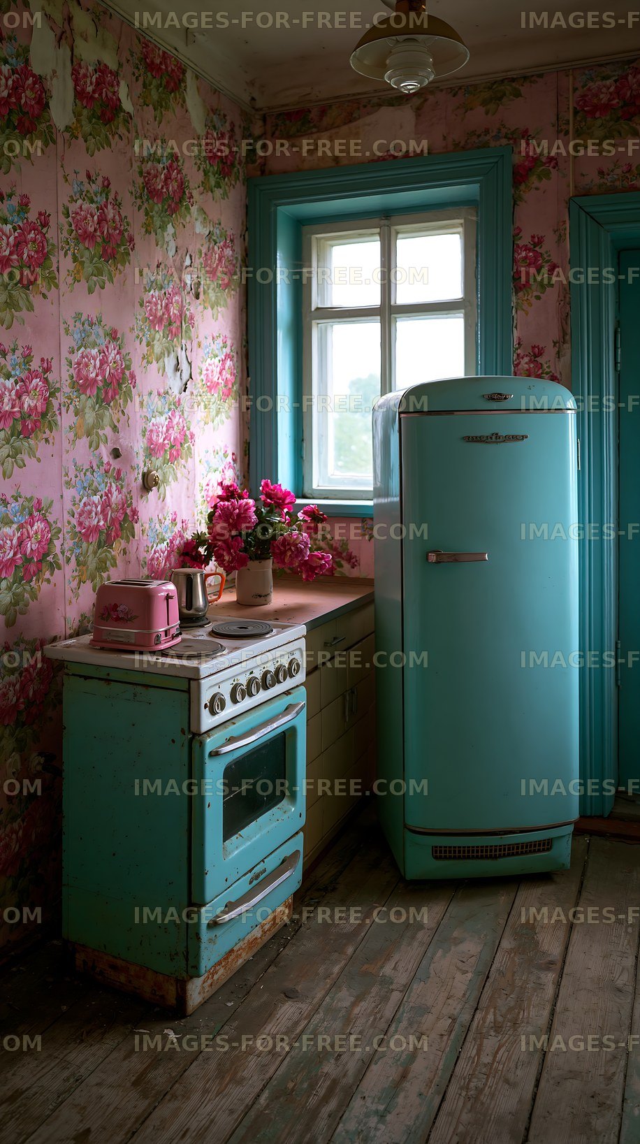 Vintage kitchen with blue appliances and floral wallpaper