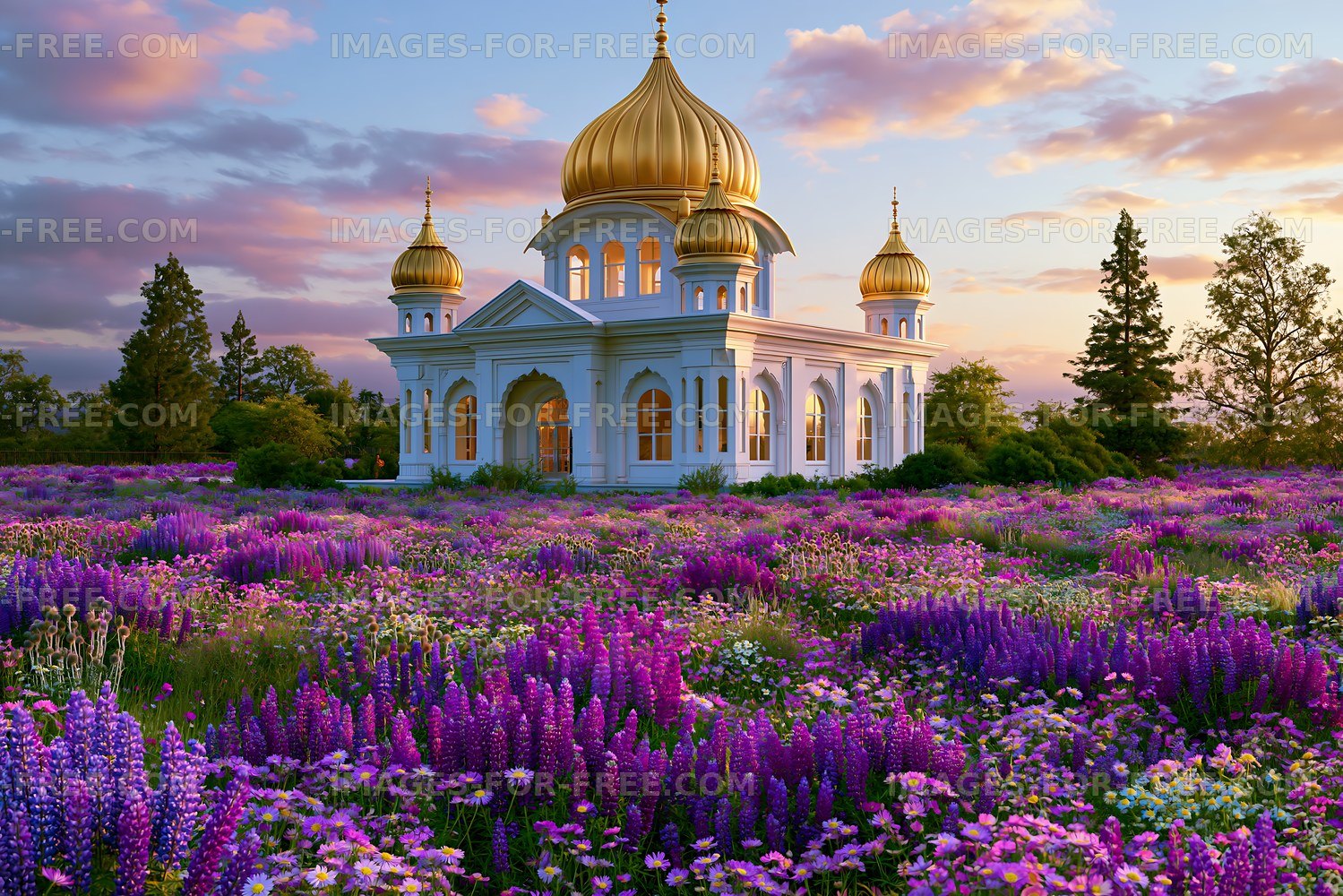 Golden domes rise above flowers in a garden during sunset