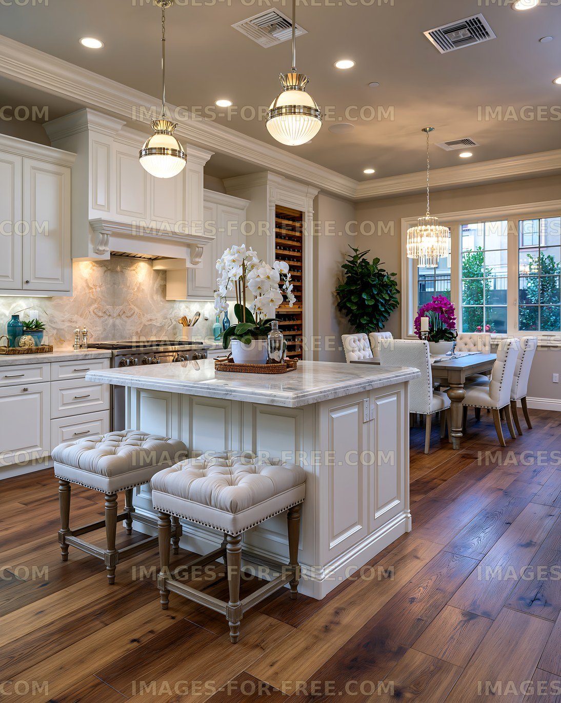 Modern kitchen with island and dining area in a bright setting
