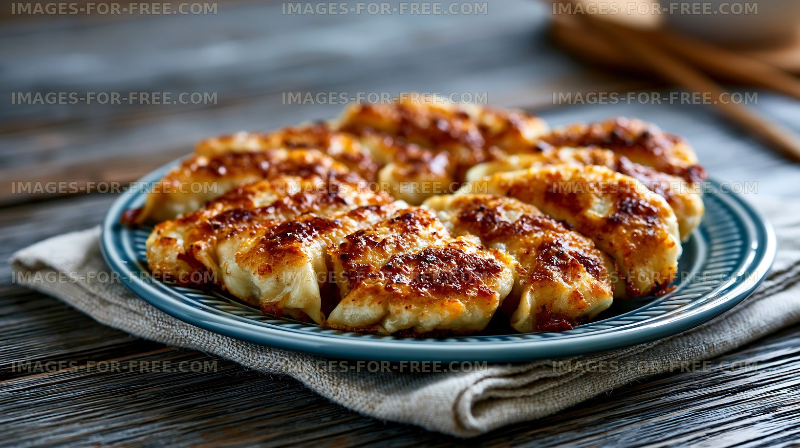 Delicious pan-fried dumplings served on a blue plate