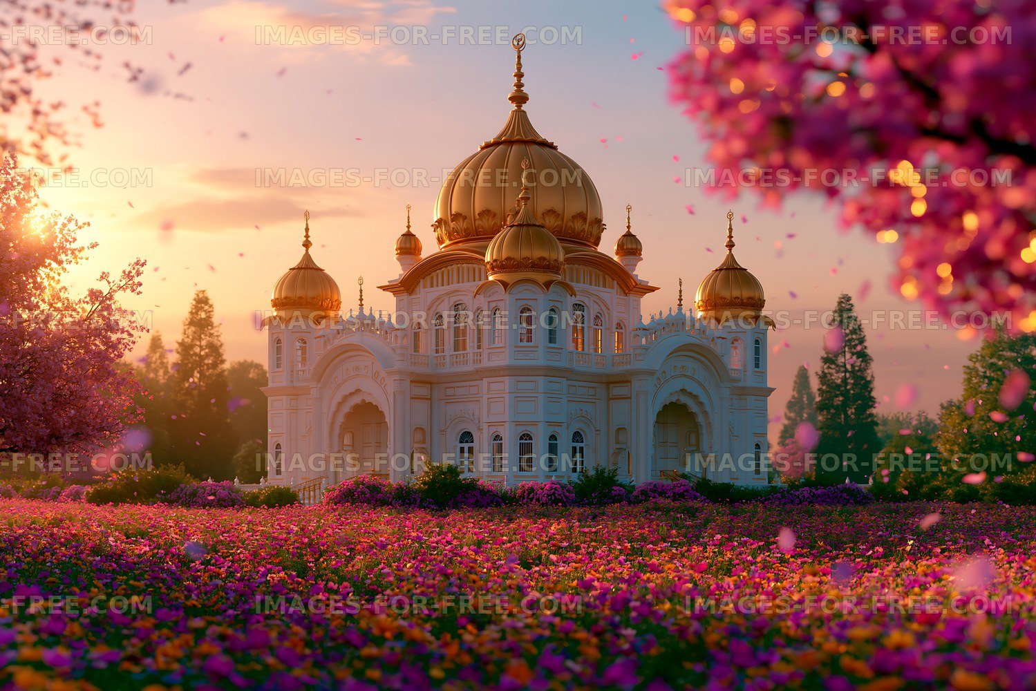 Flower garden surrounding a white palace with golden domes