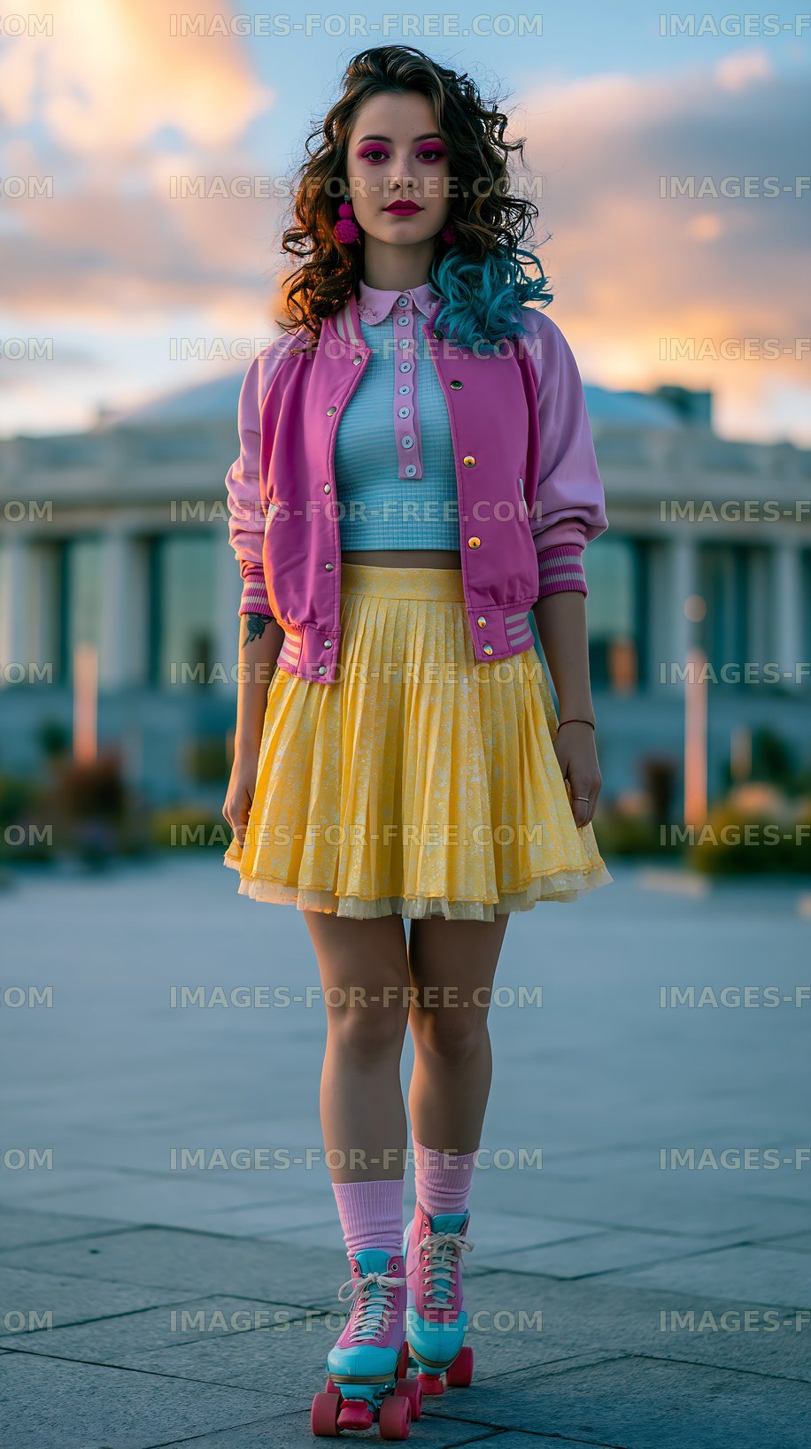 Young woman in roller skates poses in colorful outfit outdoors