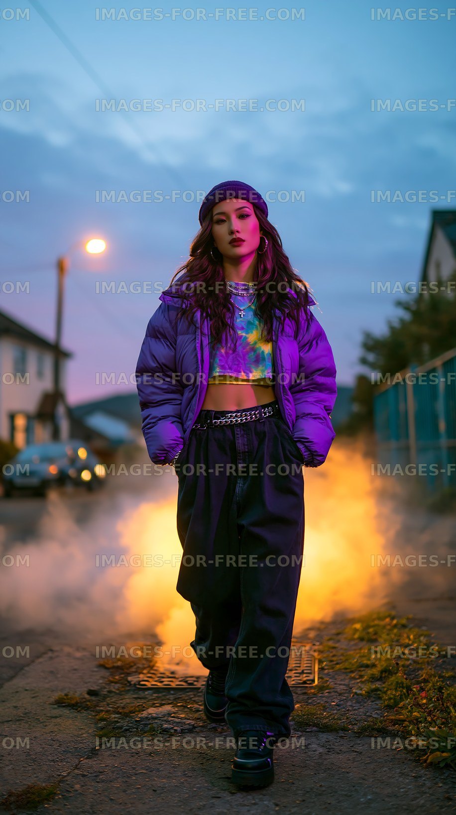 Woman walking in the street during evening with smoke in background