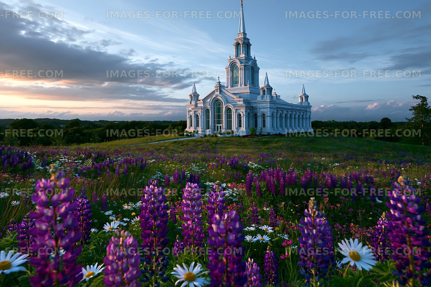 Church surrounded by flowers in a green field at sunset
