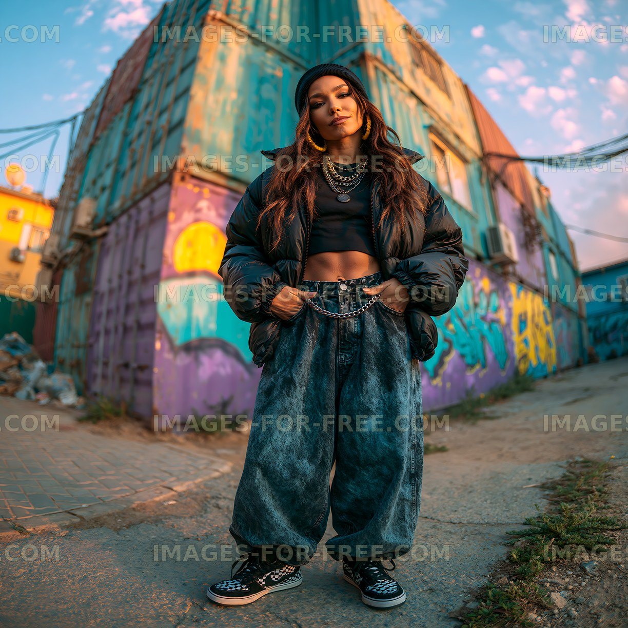 Woman standing in urban area with colorful shipping containers