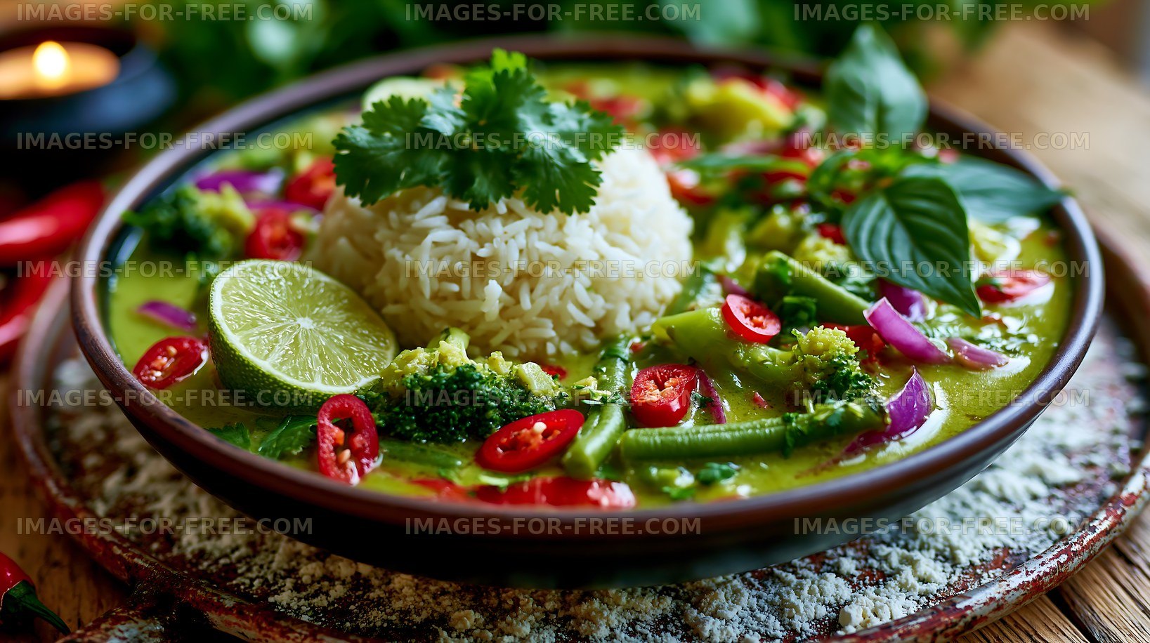 Vibrant green curry served with rice and fresh herbs