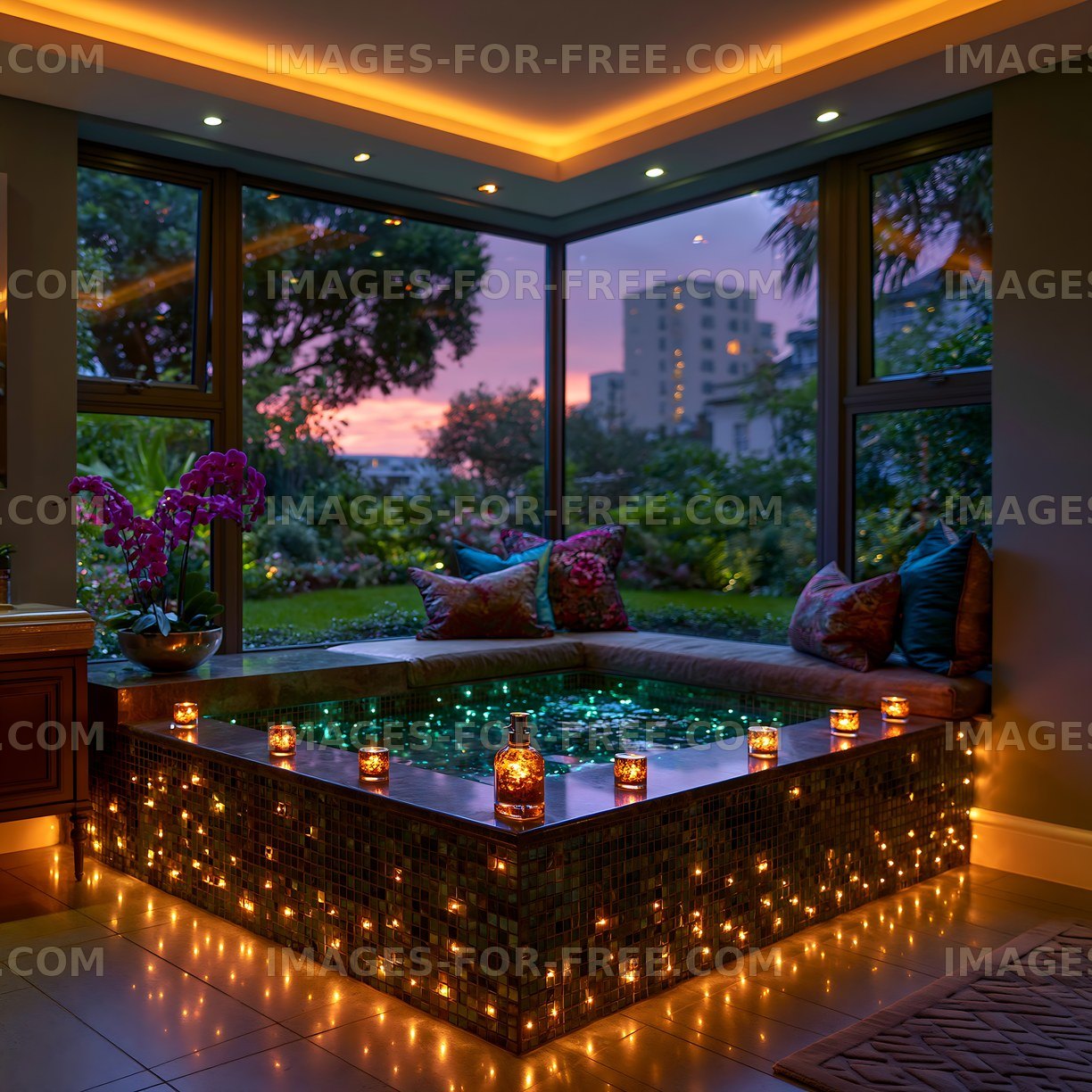 Spa area with candles and flowers near a garden at sunset