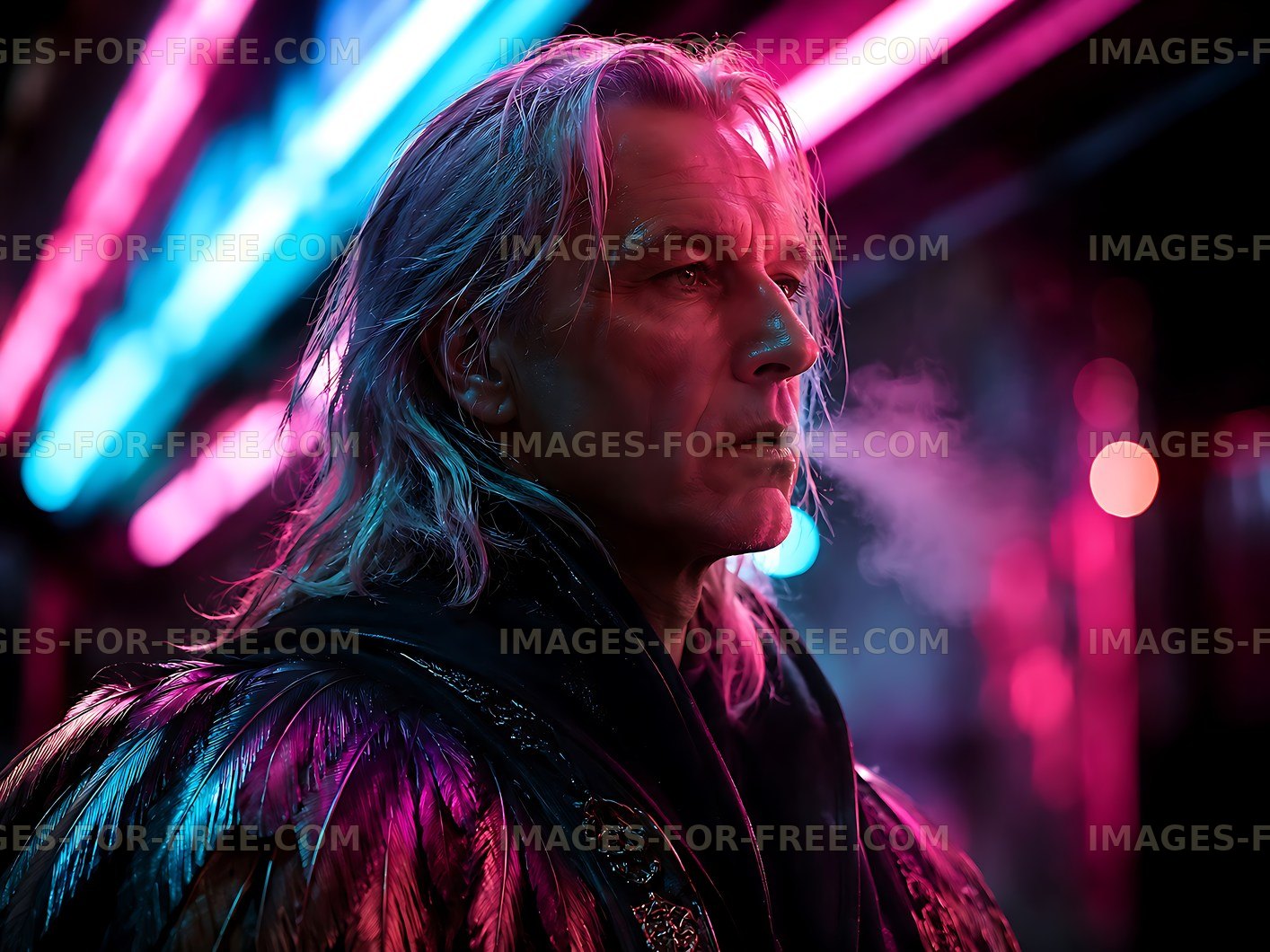 Man standing under neon lights with smoke in background