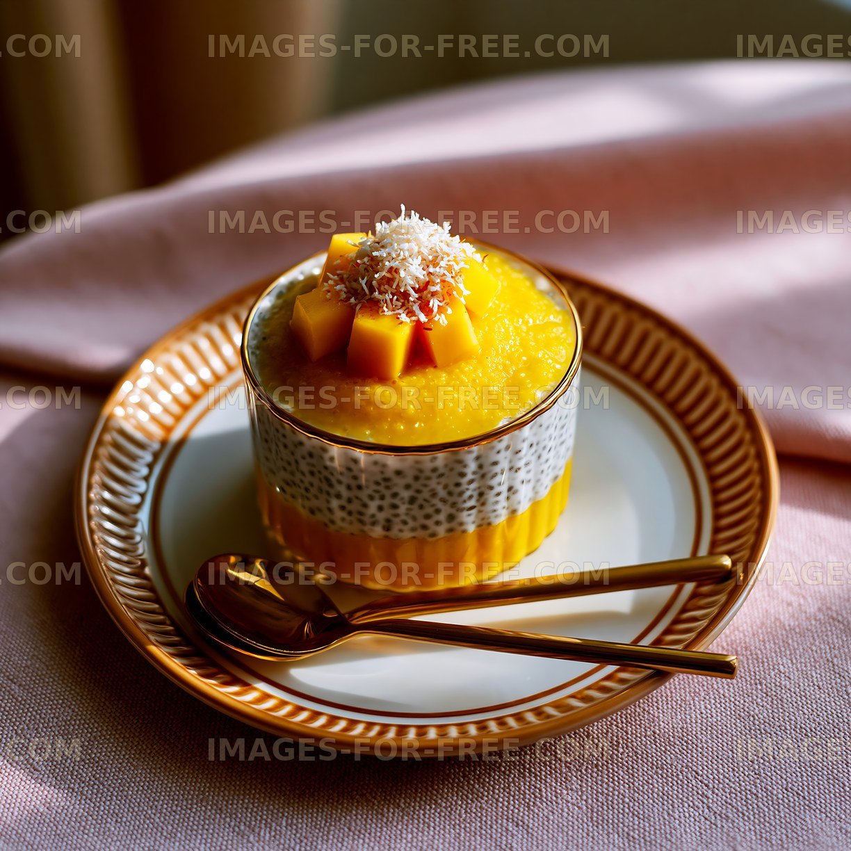 Dessert with mango and coconut on a plate with a spoon