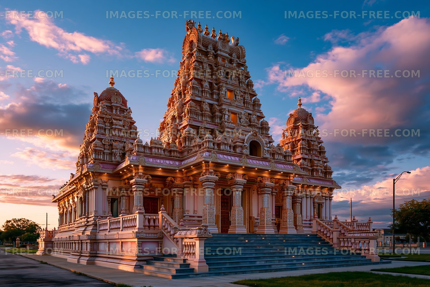Beautiful temple at sunset with colorful clouds in the sky