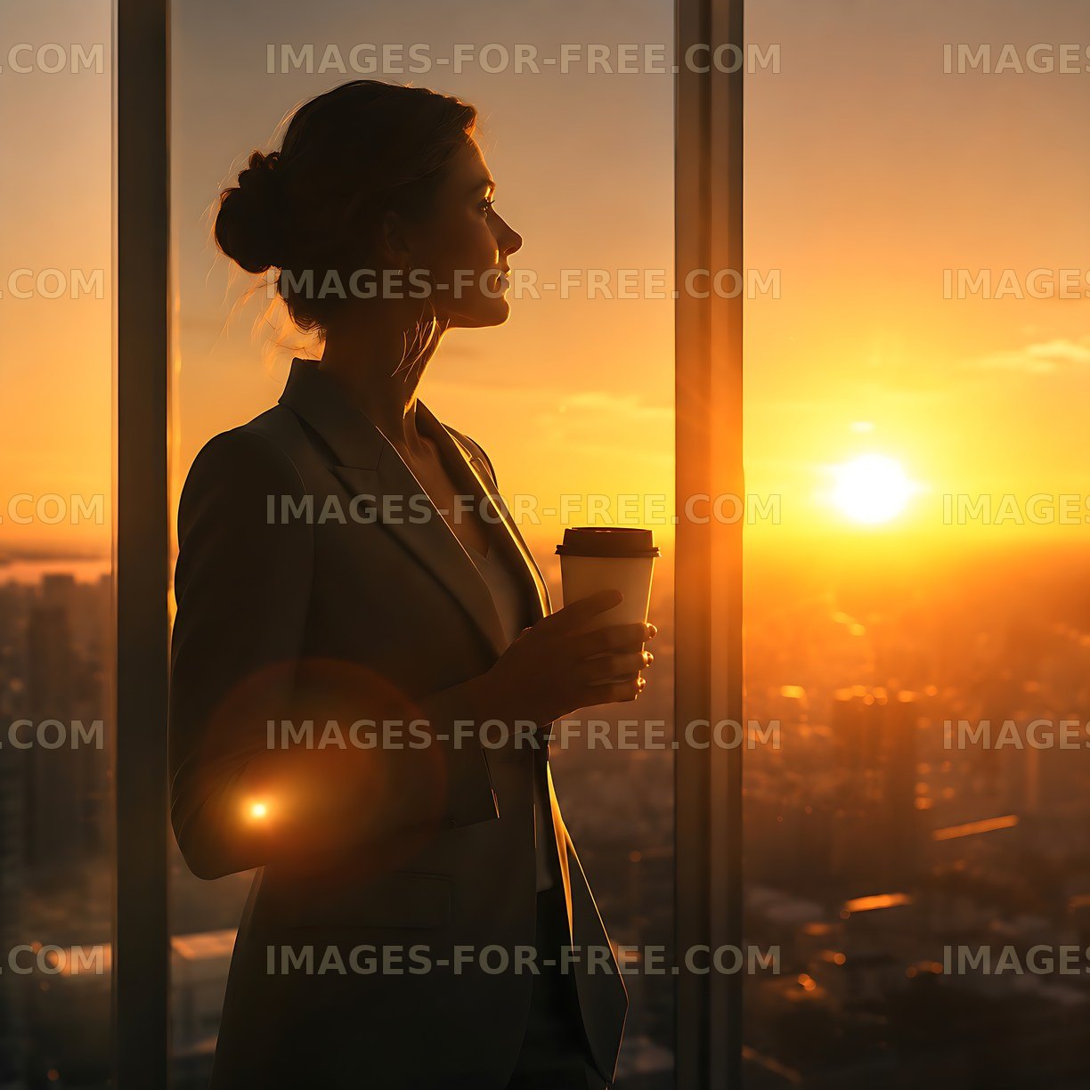 Woman holding coffee overlooking city at sunset