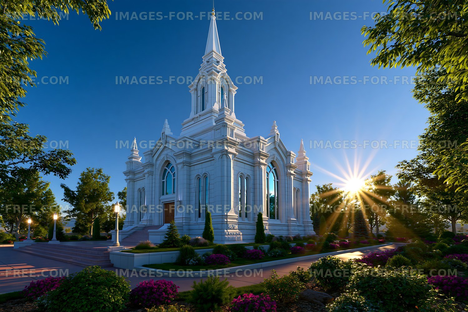 Sunrise at a white church with a tall spire surrounded by trees