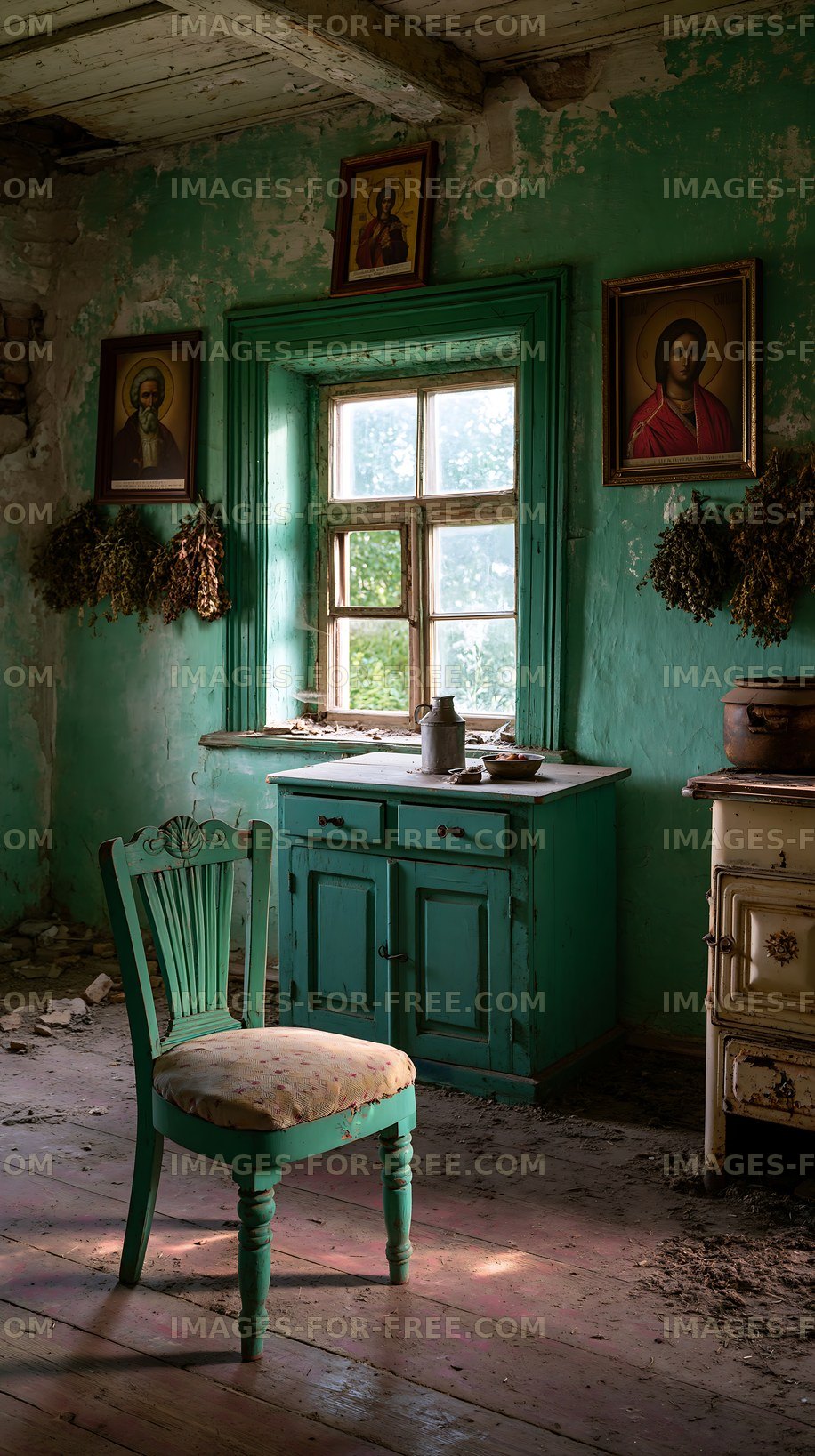 Old green room with chair and window in abandoned space