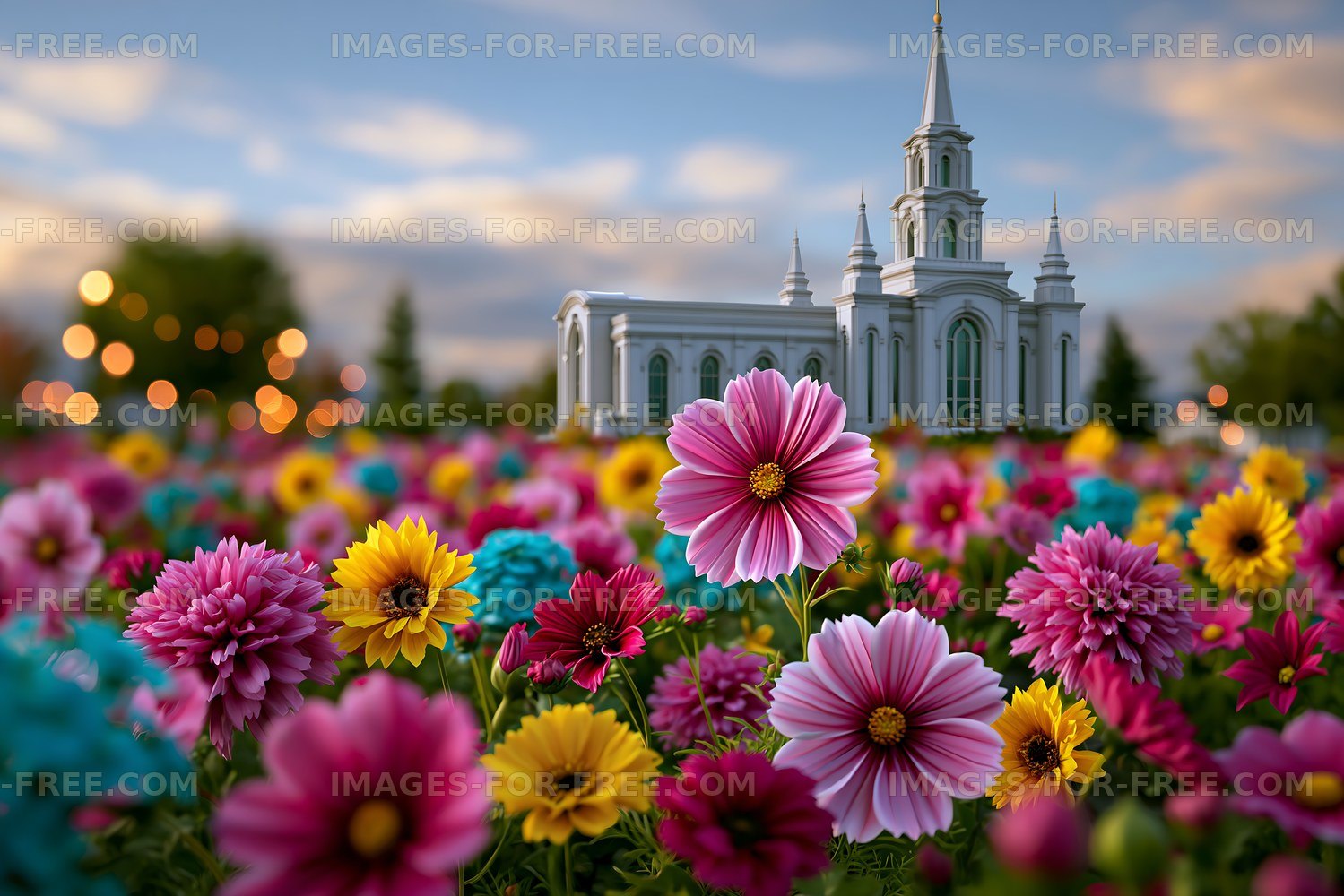 Colorful flowers in a garden near a white church building
