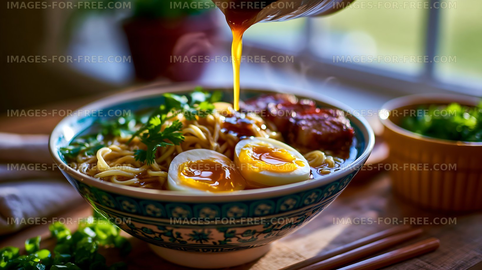 Bowl of noodles with eggs and meat being served in a kitchen