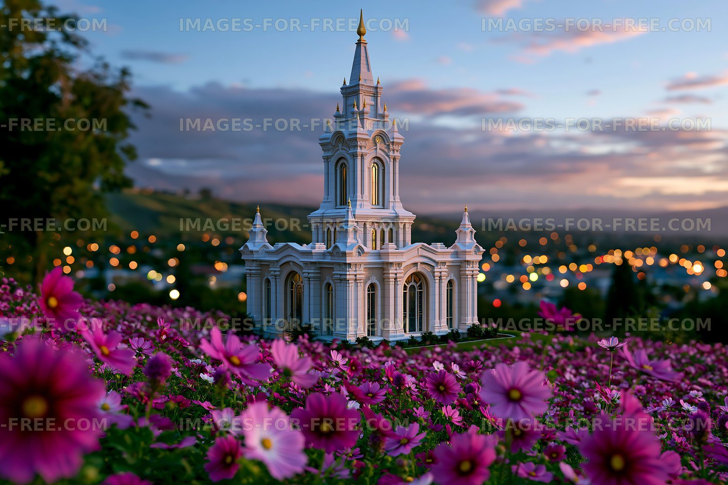 Beautiful architecture in a flower field during sunset