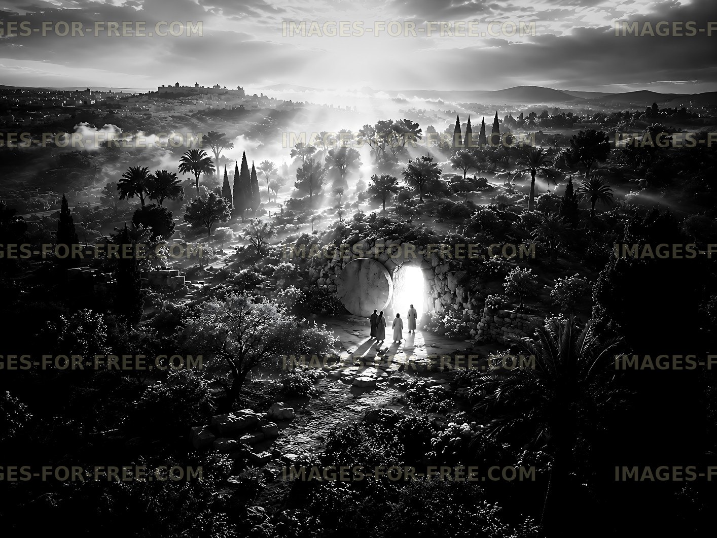 Sunrise over a desert landscape with silhouettes near a cave