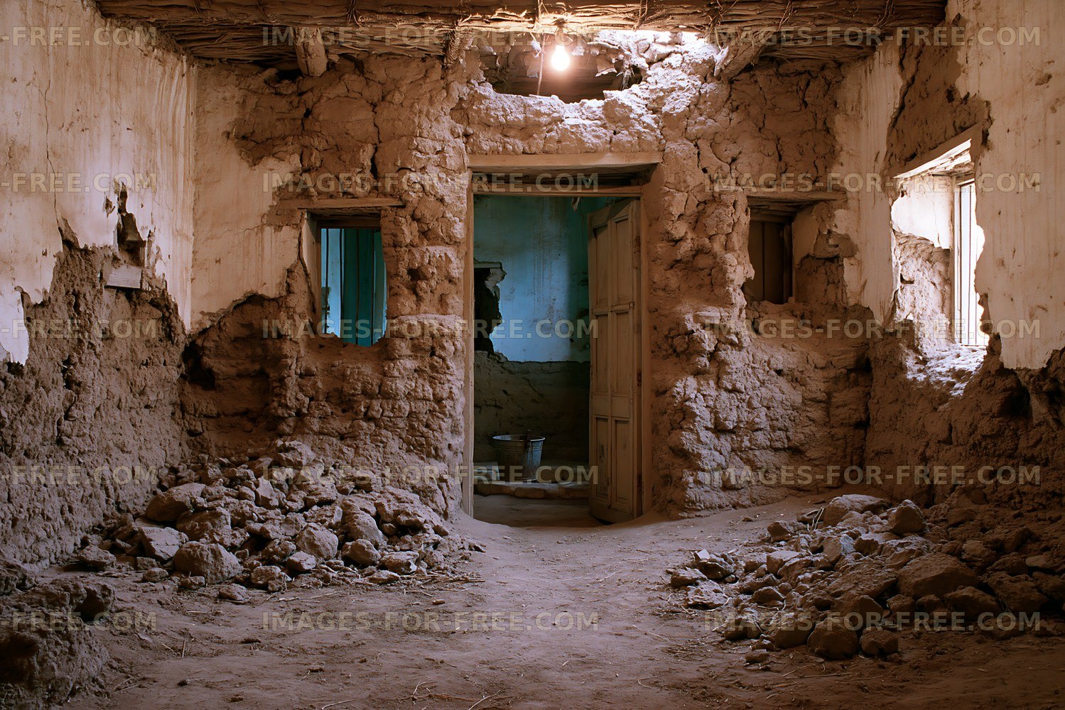 Old abandoned house interior with damaged walls and dirt floor